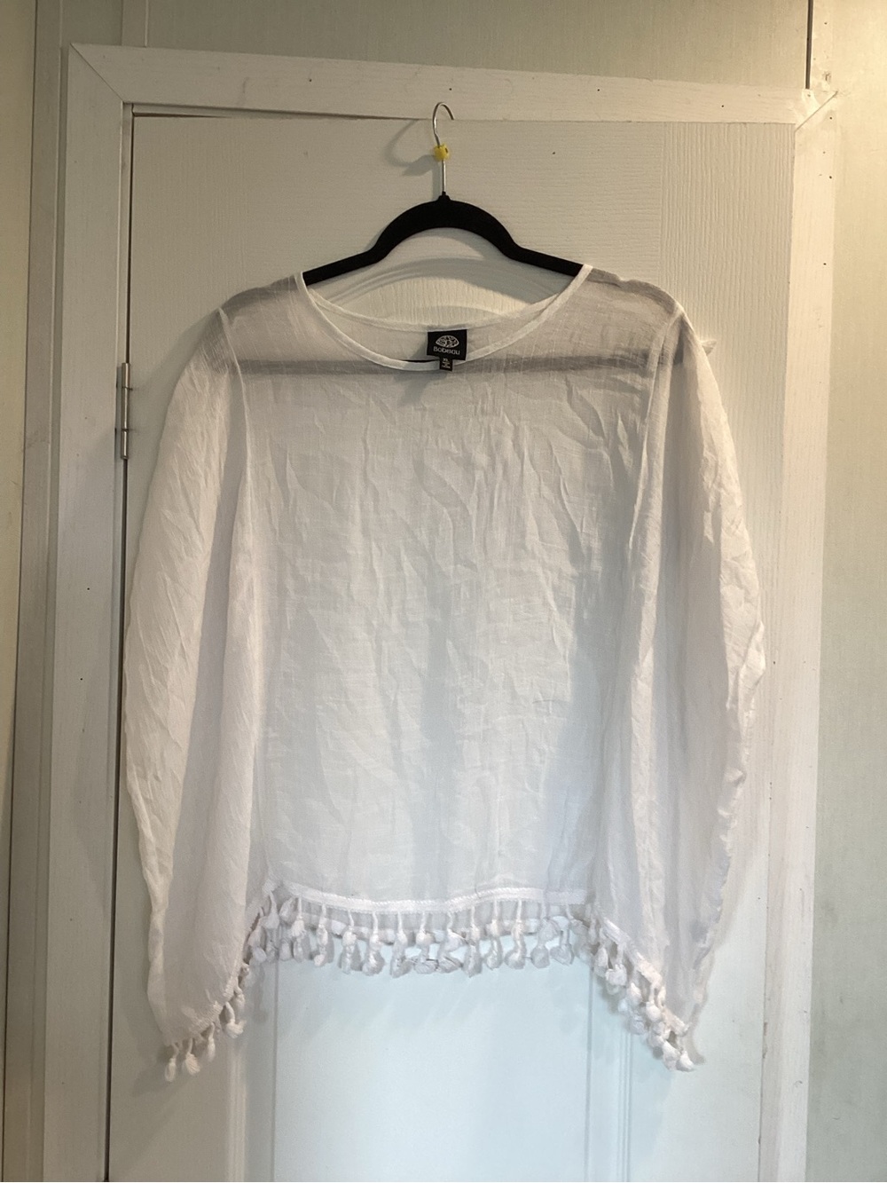 bobeau White Long-Sleeve Tassel Trim Top XL EUC